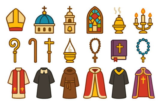 Church Symbols Illustration. Flat vector mini-illustrations Church architecture details in colors children's illustrations: mitre