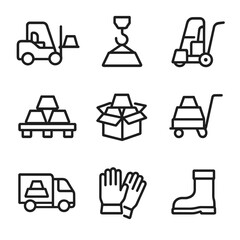 Ingot Handling Icons. Outline icon set of ingot handling: forklift lifting ingot, crane with ingot, hand truck with ingot, pallet