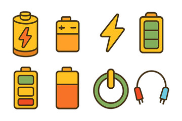 Colorful Battery Icons. Flat vector mini-illustrations battery cell in colors children's illustrations: battery, electric cell,