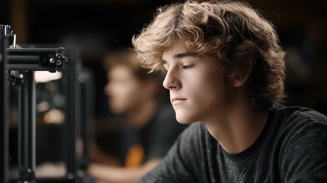 Focused teenager operating computer rigorous thinking