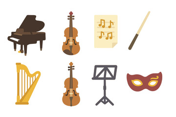 Kids' Music Icons. Flat vector mini-illustrations elegant music in colors children's illustrations: grand piano, violin, sheet