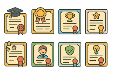 Colorful Certificate Icons. Flat vector mini-illustrations certificate types in colors children's illustrations: graduation