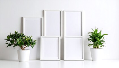Fototapeta premium White frames and potted plants against a white wall