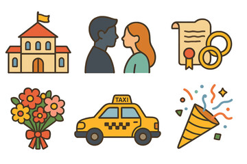 City Hall Elopement Icons. Flat vector mini-illustrations city hall elopement in colors children's illustrations: city hall