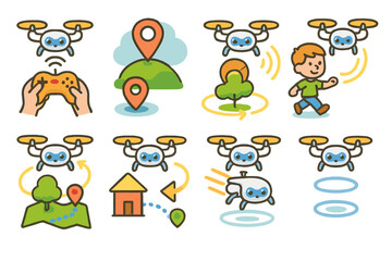 Obraz premium Colorful Drone Icons. Flat vector mini-illustrations drone flight modes in colors children's illustrations: manual mode, GPS mode,