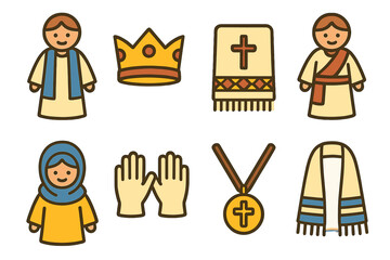 Colorful Festival Attire. Flat vector mini-illustrations feast day attire in colors children's illustrations: traditional robes,