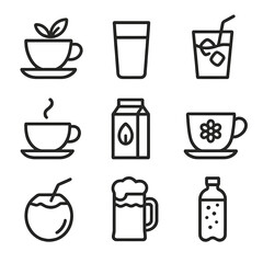 Obraz premium Mild Beverages Icon Set. Outline icon set of mild beverages: herbal tea, milk glass, juice cup, light coffee, almond milk,