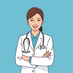 Fototapeta premium A smiling female doctor with arms crossed, wearing a white coat and stethoscope.
