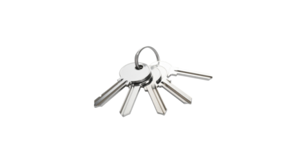 Shiny metal key chain on loop for home security, isolated on white background
