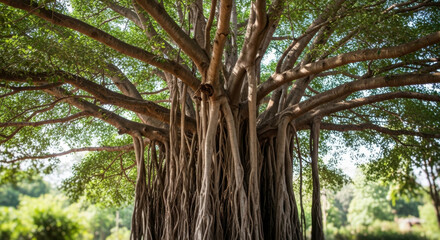Obraz premium Majestic banyan tree showcasing extensive branches and aerial roots in a lush green landscape