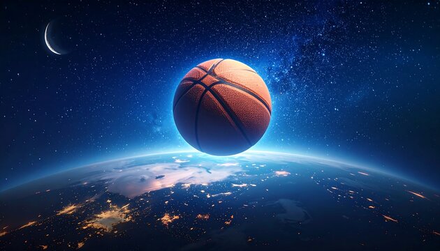 Basketball in Space Above Earth at Night