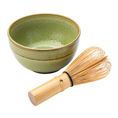 Traditional japanese matcha tea bowl and bamboo whisk isolated on transparent background