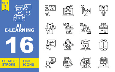 AI E-learning set of web icons in line style. Exclusive AI E-learning line icon collection. Containing student with laptop, person in VR headset, online lecture, and more. Editable stroke
