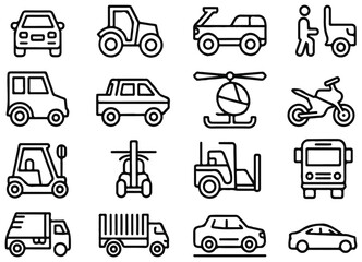 A clean collection of outlined transport icons including cars, tractor, tow truck, pedestrian, off-road vehicle, motorcycle, helicopter, forklift, bus, ATV, cargo truck, and sedan. Perfect for apps, m
