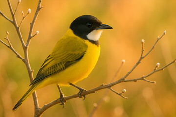 Fototapeta premium Yellow songbird perched on thin branch in natural habitat with soft light