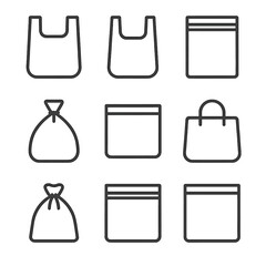 Fototapeta na wymiar Plastic Bag Icon Set. Outline icon set of plastic bags types: shopping bag, grocery bag, zip lock bag, trash bag, sandwich bag,