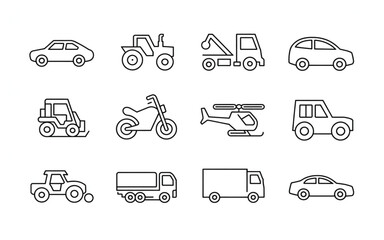 A clean collection of outlined transport icons including cars, tractor, tow truck, pedestrian, off-road vehicle, motorcycle, helicopter, forklift, bus, ATV, cargo truck, and sedan. Perfect for apps, m