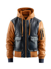 Hooded leather bomber jacket, tan and navy