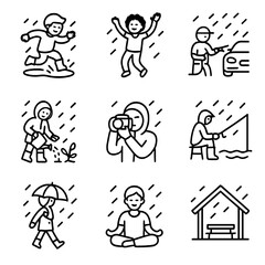 Naklejka premium Rain Activities Icons. Outline icon set of rain related activities: puddle jumping, rain dance, washing car, gardening in rain,