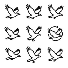 Raven Flight Patterns. Outline icon set of raven flight patterns: soaring, gliding, flapping, diving, hovering, circling, banking,