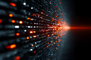 Obraz premium Abstract digital data stream with glowing orange and white lights on a dark background, representing information flow and technology.