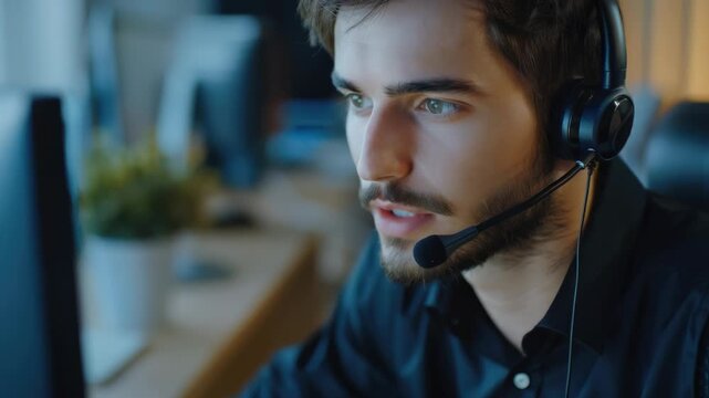 A man wearing headphones with a microphone, likely in a call center or customer service role. He is seated at a desk with computer equipment and appears focused on his work.