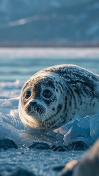 Vertical video Cute Baby Baikal Seal on Ice