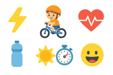 Energy Boost Icons. Flat vector mini-illustrations energy and stamina boost in colors children's illustrations: lightning bolt,