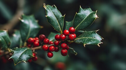 Vibrant red holly berries cluster on a prickly green leaf branch, evoking festive holiday cheer and winter warmth.