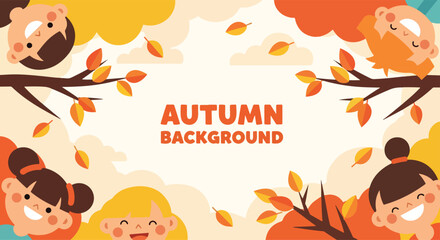 Adobe illustrator artwork vector illustration. A fall-themed background with a frame of autumn leaves and branches, featuring smiling, happy children's faces peeking out from the corners