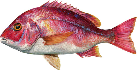 Vibrant red snapper fish portrait detailed scales fins tail vivid colors marine life Watercolor PNG