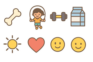 Fototapeta premium Healthy Bones Icons. Flat vector mini-illustrations bone density improvement in colors children's illustrations: bone icon, child