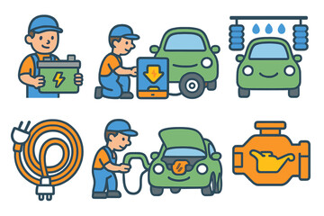 Electric Car Care Icons. Flat vector mini-illustrations electric car maintenance in colors children's illustrations: battery check
