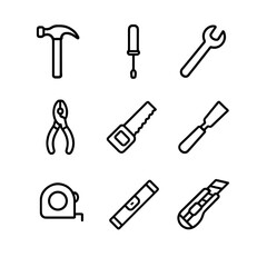 Tool Icon Set. Outline icon set of hand tools: hammer, screwdriver, wrench, pliers, saw, chisel, tape measure, level, utility