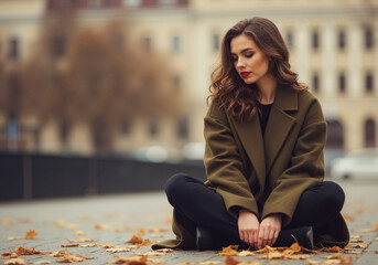Woman in olive green oversized coat sitting cross-legged on pavement with autumn leaves around. Relaxed fall outerwear for luxury fashion brands, street style campaigns and seasonal coat promotions
