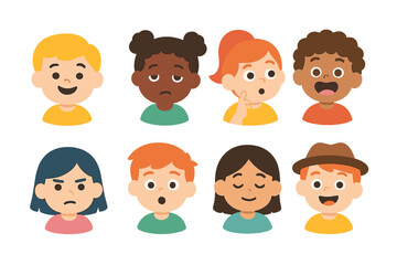 Fototapeta premium Emotive Faces Grid. Flat vector mini-illustrations trail emotions in colors children's illustrations: happy face, tired face,
