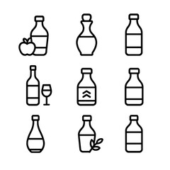 Fototapeta premium Vinegar Icons Collection. Outline icon set of vinegar types: apple cider vinegar, balsamic vinegar, white vinegar, red wine