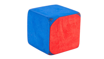 Close-up of a red billiard chalk cube with a concave blue top, isolated on a transparent background, ready for enhancing gameplay isolated on solid white background