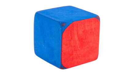 Close-up of a red billiard chalk cube with a concave blue top, isolated on a transparent background, ready for enhancing gameplay isolated on solid white background