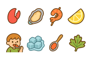 Kids' Seafood Platter Icons. Flat vector mini-illustrations seafood tasting platter in colors children's illustrations: lobster