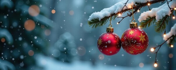 Ornate baubles, frosted branches, falling snow, background, snowy