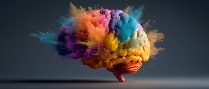 Rainbow human brain explosion, cognitive overload, creative inspiration, world mental health day, psychology and neurology concept