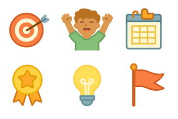 Learning Goals Icons. Flat vector mini-illustrations setting learning goals in colors children's illustrations: target board,