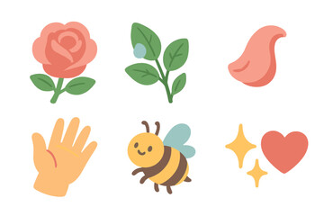 May Rose Illustrations. Flat vector mini-illustrations close up of May rose bloom in colors children's illustrations: single rose