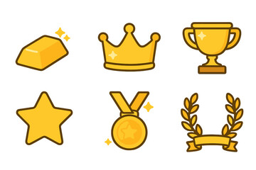 Golden Child Icons. Flat vector mini-illustrations golden shine in colors children's illustrations: gold bar, gold coin, golden