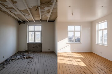 Before and after renovation of an empty room with windows and wooden flooring