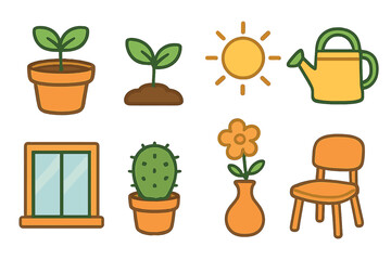 Child's Botanical Icons. Flat vector mini-illustrations greenery and mood improvement in colors children's