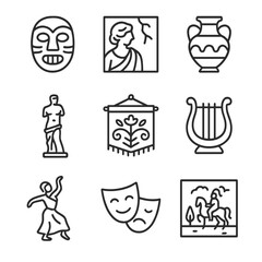 Ancient Art Icon Set. Outline icon set of ancient art and culture: mask, fresco, pottery, statue, tapestry, musical instrument,
