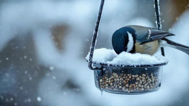 A blue and yellow finch sitting in a feeder on a snowy day.