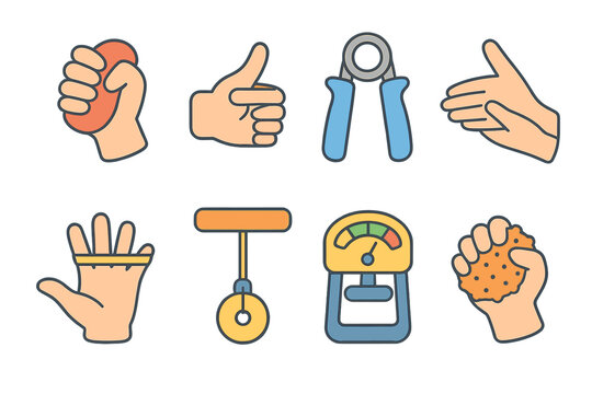 Hand Exercise Icons. Flat vector mini-illustrations hand strength exercises in colors children's illustrations: squeezing stress